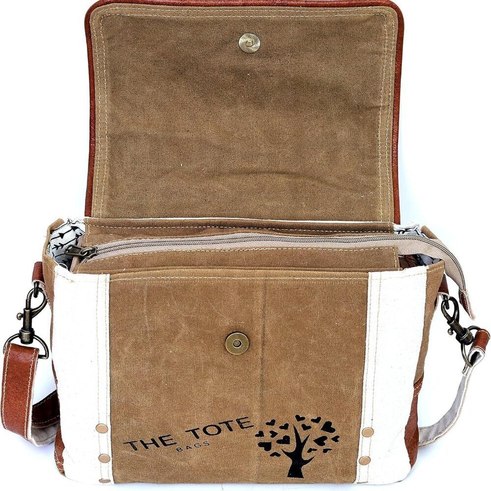 Canvas Leather Messenger Bag Women Men Crossbody Satchel 11" Travel Use - Picture 6 of 10